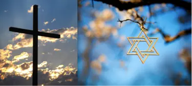 Christliches Kreuz und jüdischer Davidstern im Hoffnungslicht. Fotos: Aaron Burden und David Holifield / Unsplash